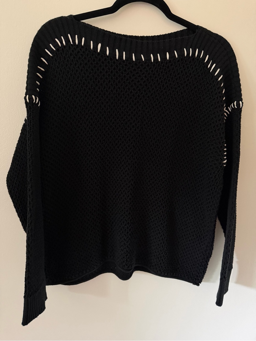 Black Open Knit Cotton Sweater Cropped Boxy Lightweight Pullover Size M/L - Picture 2 of 3